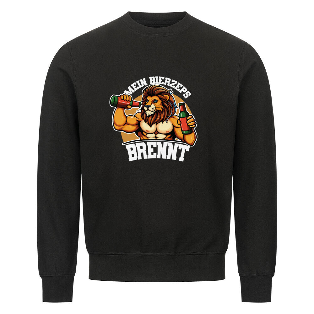 Schwarzer Sweater mit Rundhalsausschnitt. Auf der Vorderseite ist ein stilisierter, muskulöser Löwe mit Bier in den Händen abgebildet, umgeben vom Schriftzug "MEIN BIERZEPS BRENNT" in geschwungener Schrift.