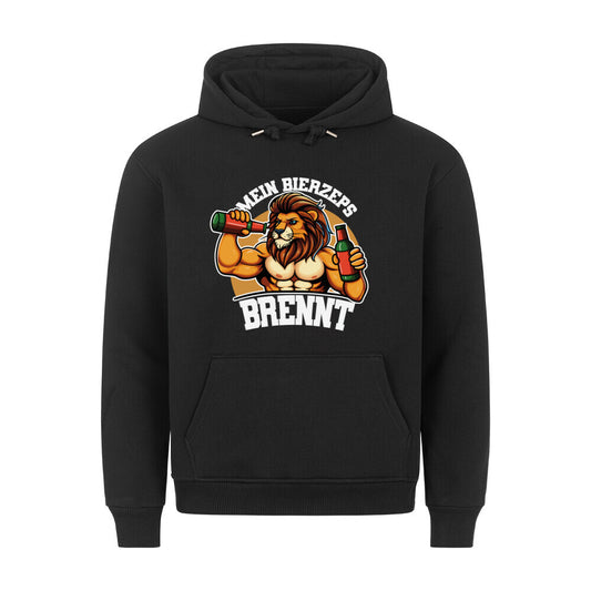 Schwarzer Hoodie. Auf der Vorderseite ist ein stilisierter, muskulöser Löwe mit Bier in den Händen abgebildet, umgeben vom Schriftzug "MEIN BIERZEPS BRENNT" in geschwungener Schrift.