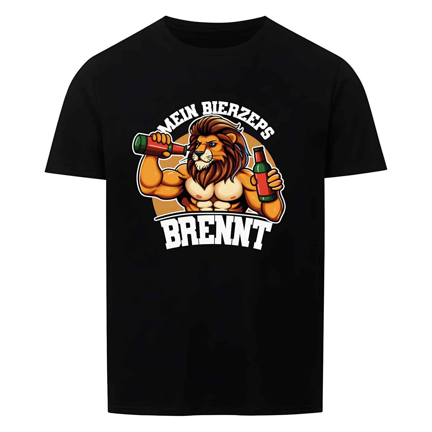 Schwarzes T-Shirt mit Rundhalsausschnitt. Auf der Vorderseite ist ein stilisierter, muskulöser Löwe mit Bier in den Händen abgebildet, umgeben vom Schriftzug "MEIN BIERZEPS BRENNT" in geschwungener Schrift.