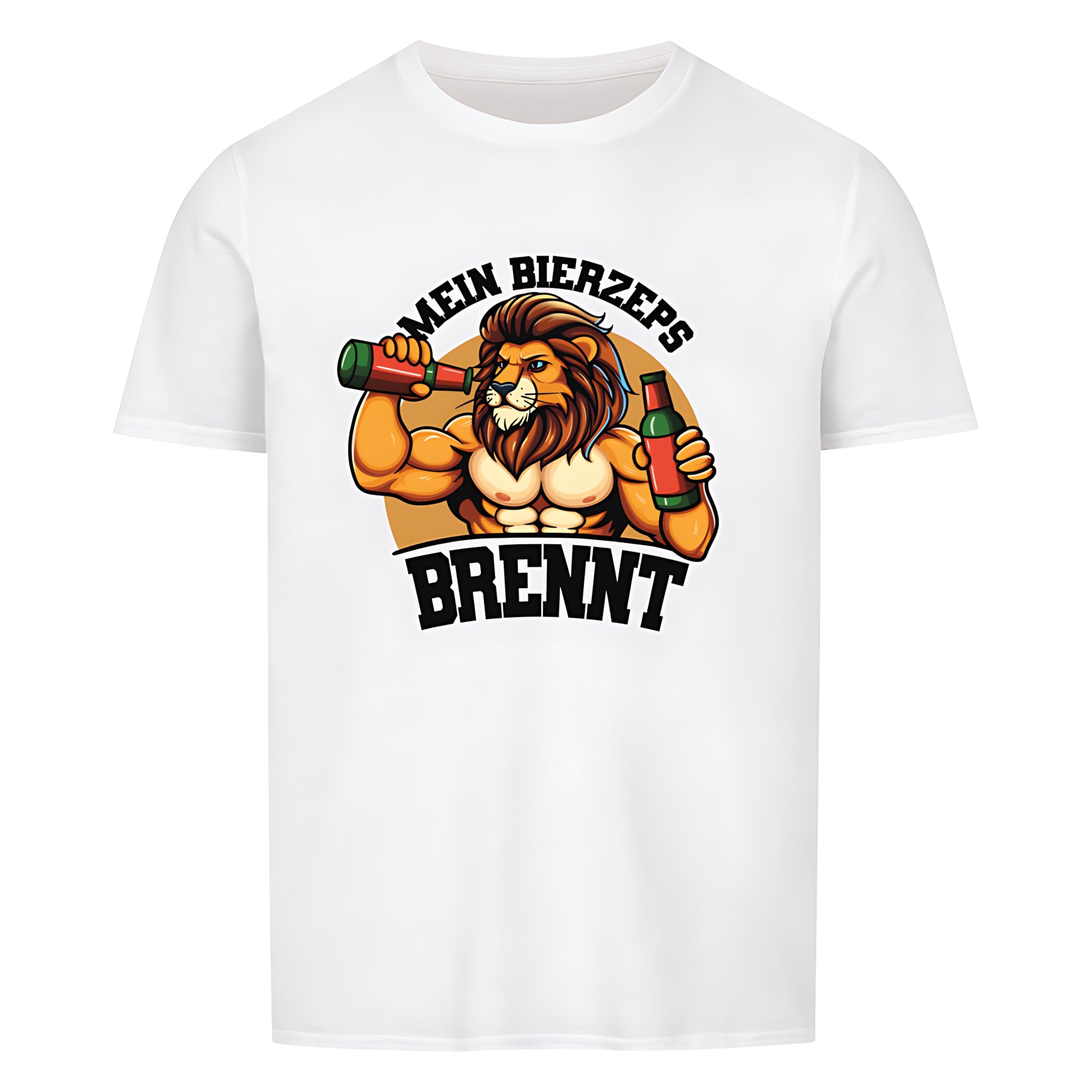 Weisses T-Shirt mit Rundhalsausschnitt. Auf der Vorderseite ist ein stilisierter, muskulöser Löwe mit Bier in den Händen abgebildet, umgeben vom Schriftzug "MEIN BIERZEPS BRENNT" in geschwungener Schrift.