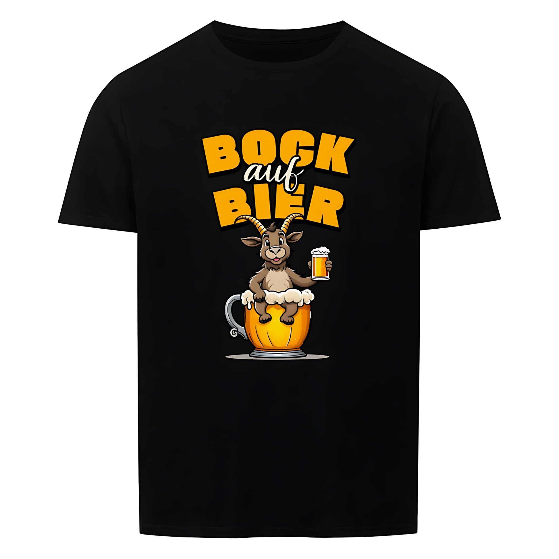 Schwarzes T-Shirt mit Rundhalsausschnitt. Auf der Vorderseite ist ein stilisierter, brauner Ziegenbock mit einem gelben Bierkrug in der Hand abgebildet. Der Bock sitzt in einer großen, goldenen Bierkrug-Silhouette. Über dem Bock steht der Schriftzug "BOCK auf BIER", wobei "BOCK" und "BIER" in gelber Farbe und "auf" in weißer Farbe dargestellt ist.