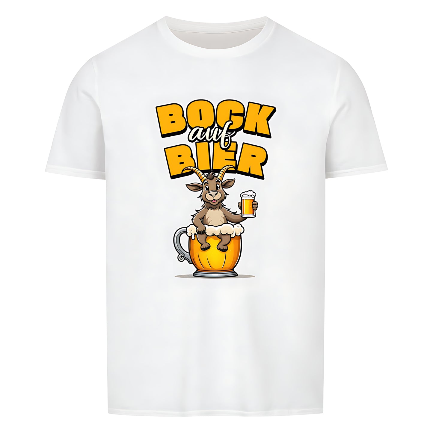 Schwarzes T-Shirt mit Rundhalsausschnitt. Auf der Vorderseite ist ein stilisierter, brauner Ziegenbock mit einem gelben Bierkrug in der Hand abgebildet. Der Bock sitzt in einer großen, goldenen Bierkrug-Silhouette. Über dem Bock steht der Schriftzug "BOCK auf BIER", wobei "BOCK" und "BIER" in gelber Farbe und "auf" in weißer Farbe dargestellt ist.