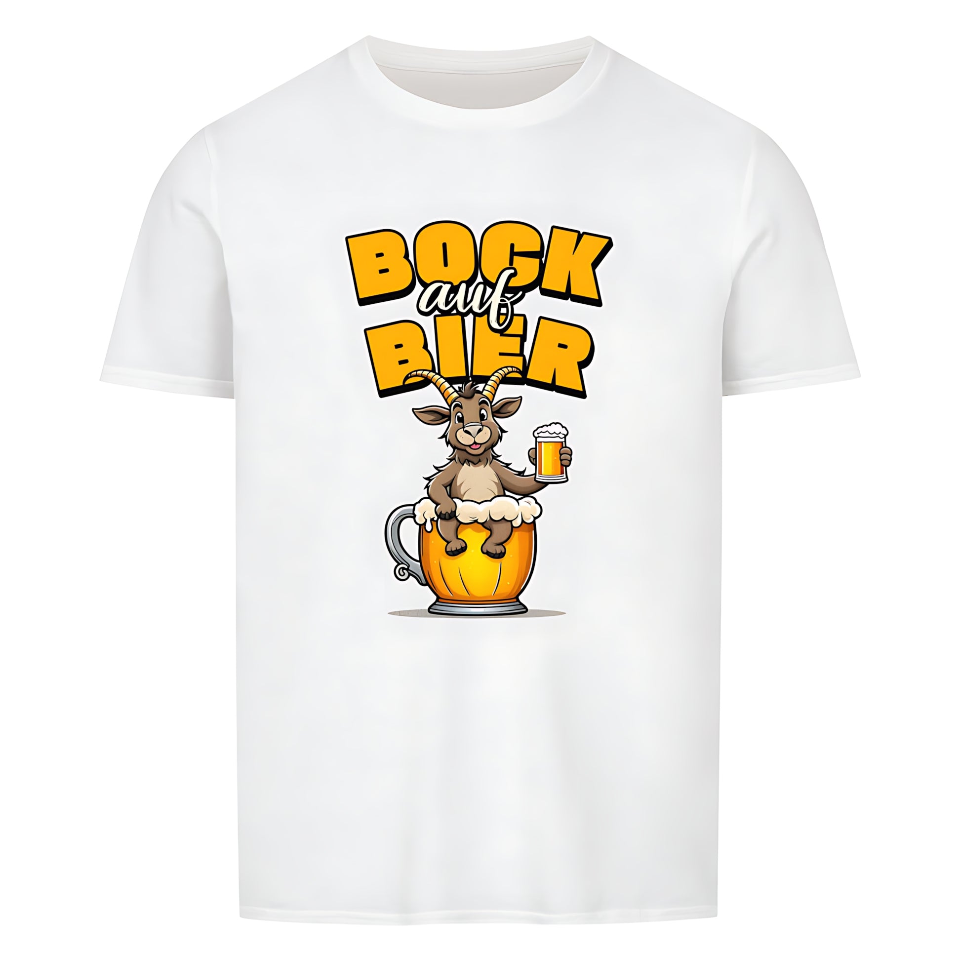 Schwarzes T-Shirt mit Rundhalsausschnitt. Auf der Vorderseite ist ein stilisierter, brauner Ziegenbock mit einem gelben Bierkrug in der Hand abgebildet. Der Bock sitzt in einer großen, goldenen Bierkrug-Silhouette. Über dem Bock steht der Schriftzug "BOCK auf BIER", wobei "BOCK" und "BIER" in gelber Farbe und "auf" in weißer Farbe dargestellt ist.