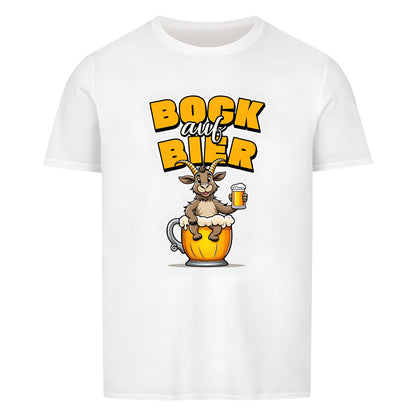 Schwarzes T-Shirt mit Rundhalsausschnitt. Auf der Vorderseite ist ein stilisierter, brauner Ziegenbock mit einem gelben Bierkrug in der Hand abgebildet. Der Bock sitzt in einer großen, goldenen Bierkrug-Silhouette. Über dem Bock steht der Schriftzug "BOCK auf BIER", wobei "BOCK" und "BIER" in gelber Farbe und "auf" in weißer Farbe dargestellt ist.