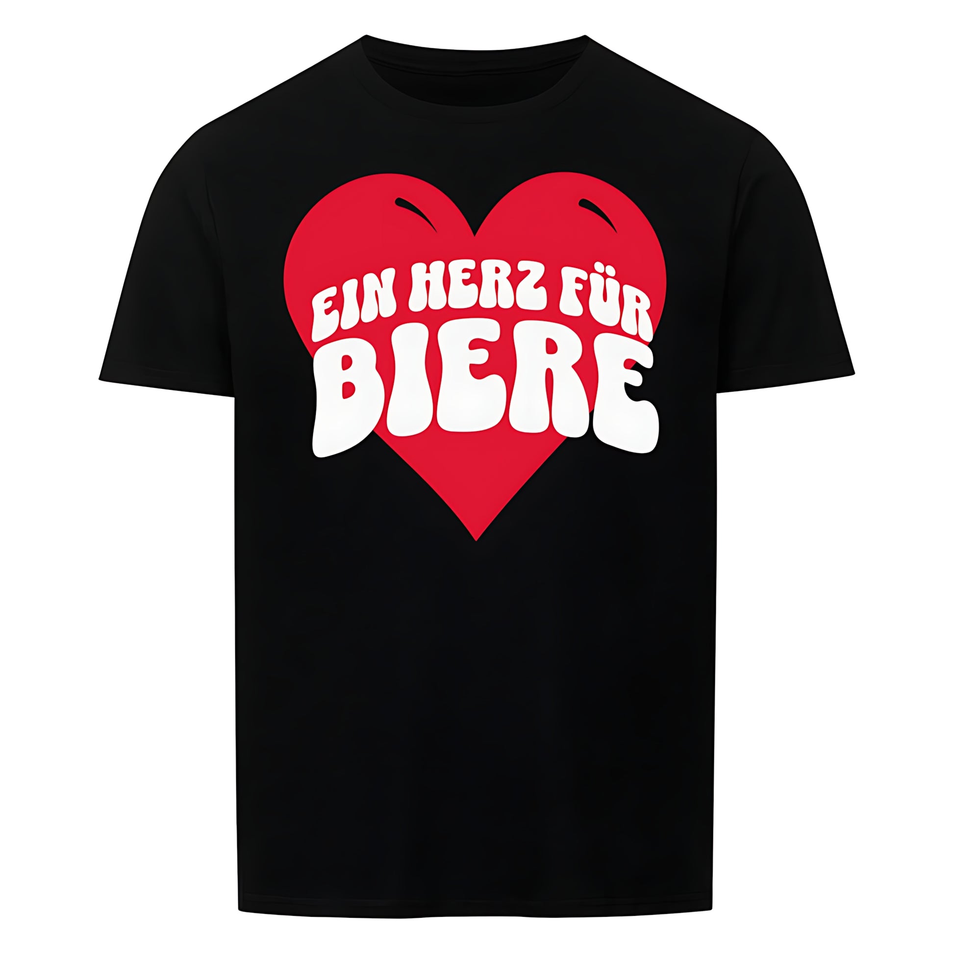 Schwarzes T-Shirt mit einem großen, roten Herz in der Mitte. Darauf steht in verspielten, weißen Buchstaben „EIN HERZ FÜR BIERE“. Das Design ist humorvoll und spielt auf die bekannte Redewendung „Ein Herz für …“ an, kombiniert mit einer Liebe zu Bier.