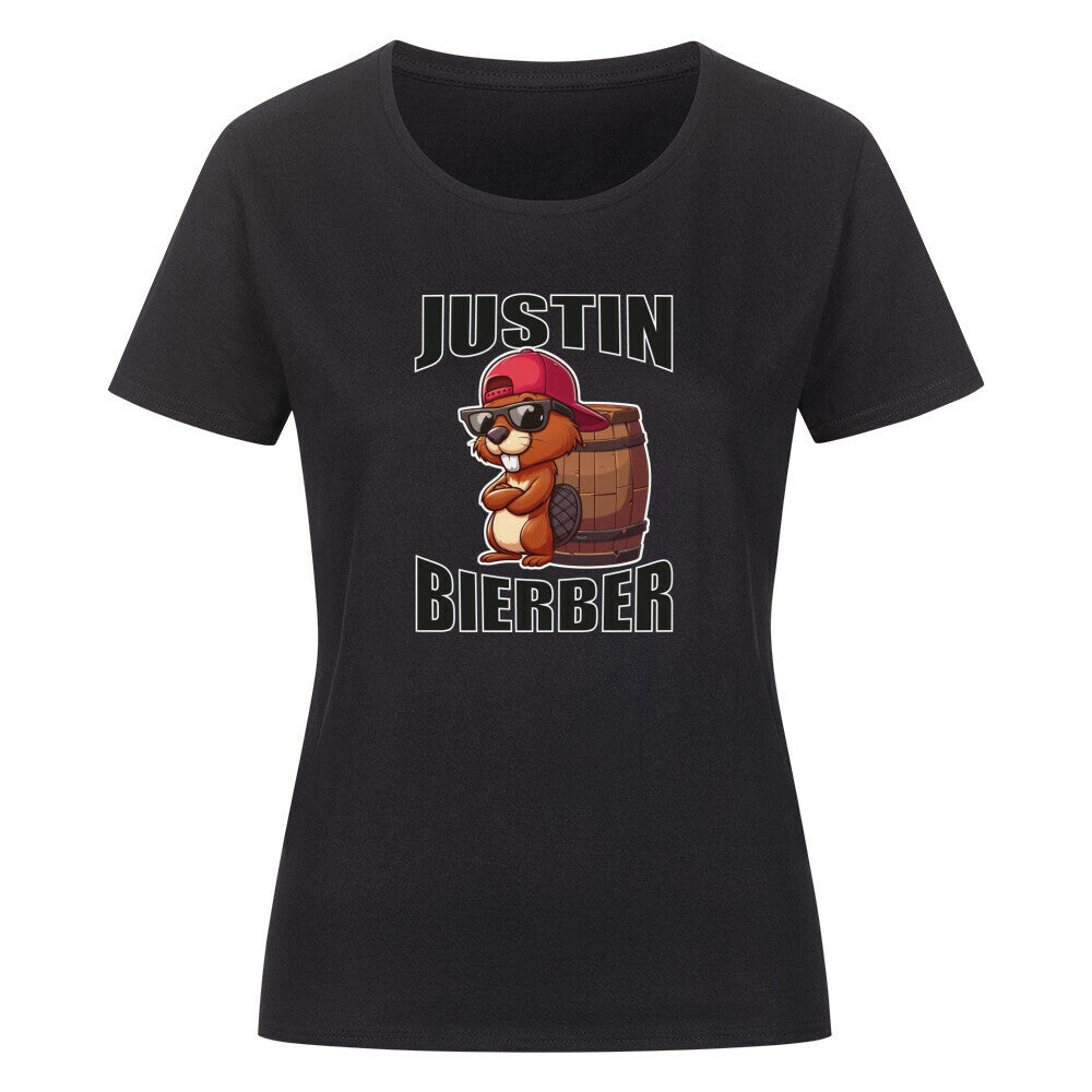 Schwarzes Damen T-Shirt mit humorvollem Design. In der Mitte ist ein cartoonartiger Biber mit Sonnenbrille und roter Basecap zu sehen, der vor einem Holzfass sitzt. Darüber steht in großen, Buchstaben „JUSTIN“, darunter „BIERBER“. Das Design spielt humorvoll auf den Namen „Justin Bieber“ an und kombiniert ihn mit „Bier“ und einem Biber.
