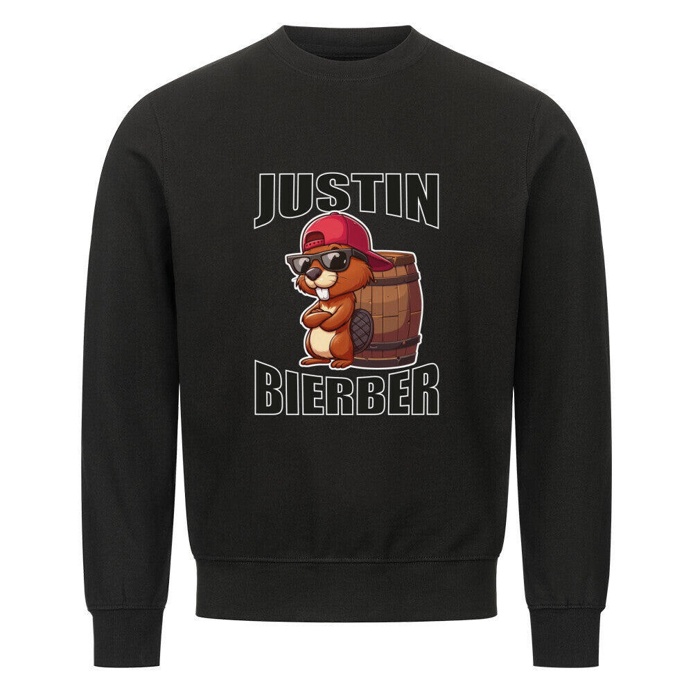 Schwarzer Sweater mit humorvollem Design. In der Mitte ist ein cartoonartiger Biber mit Sonnenbrille und roter Basecap zu sehen, der vor einem Holzfass sitzt. Darüber steht in großen, Buchstaben „JUSTIN“, darunter „BIERBER“. Das Design spielt humorvoll auf den Namen „Justin Bieber“ an und kombiniert ihn mit „Bier“ und einem Biber.