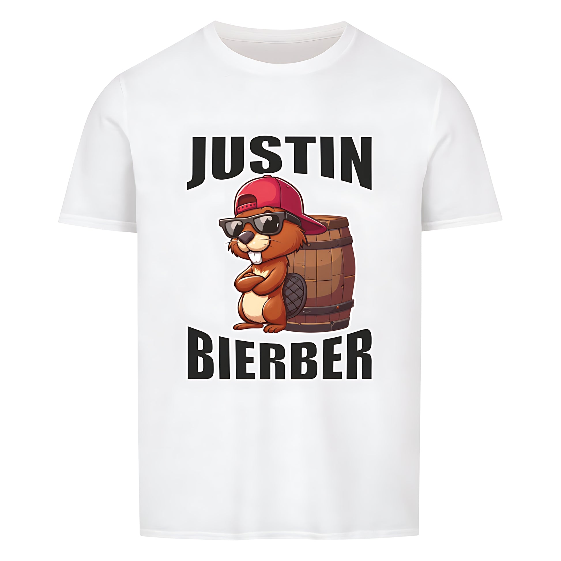 Weisses T-Shirt mit humorvollem Design. In der Mitte ist ein cartoonartiger Biber mit Sonnenbrille und roter Basecap zu sehen, der vor einem Holzfass sitzt. Darüber steht in großen, Buchstaben „JUSTIN“, darunter „BIERBER“. Das Design spielt humorvoll auf den Namen „Justin Bieber“ an und kombiniert ihn mit „Bier“ und einem Biber.