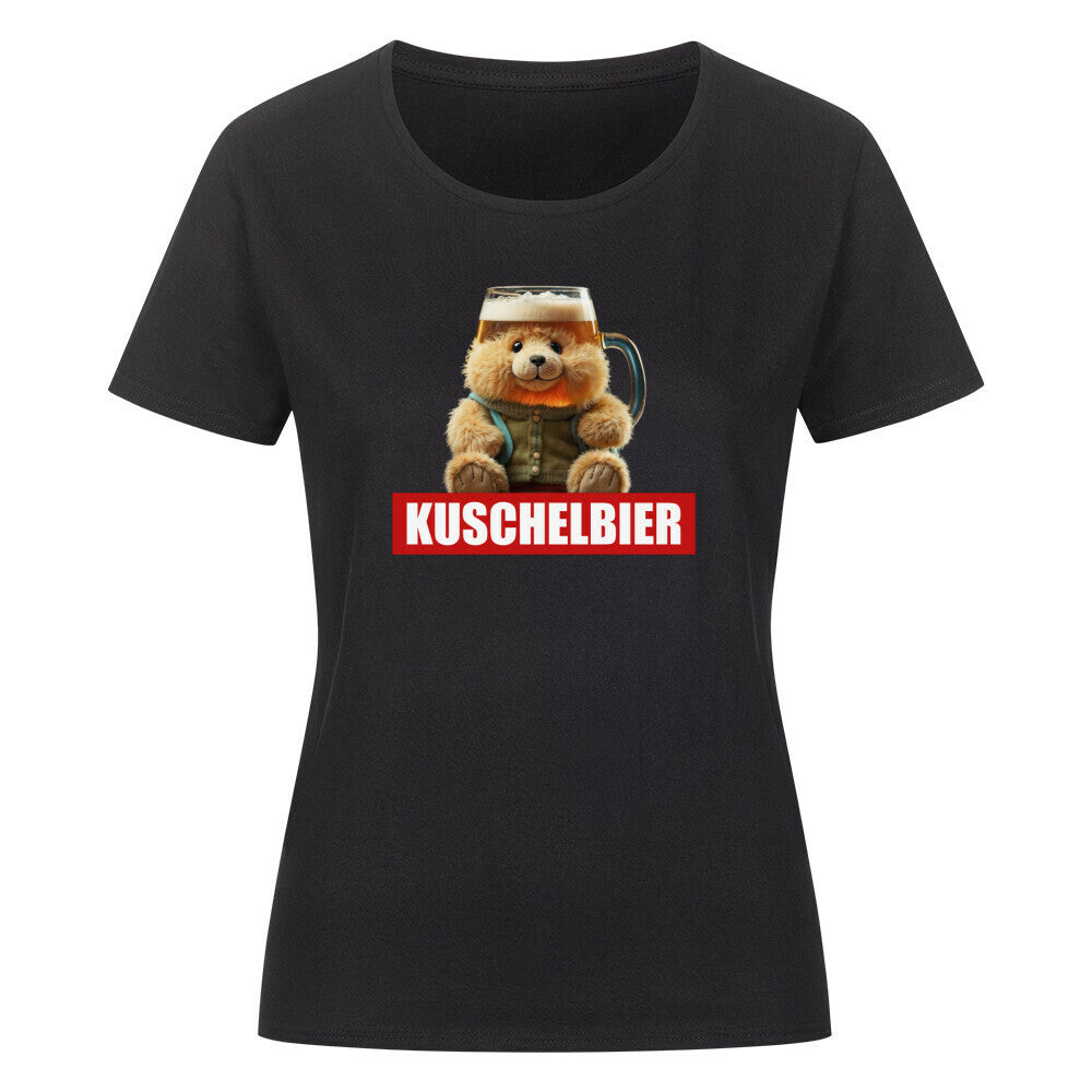 Schwarzes Damen T-Shirt mit lustigem Design eines Teddybaeren, der einen Bierkrug als Kopf hat, kombiniert mit dem Wort "Kuschelbier" in weisser Schrift auf rotem Balken. Ideal für Bierliebhaber und humorvolle Outfits.