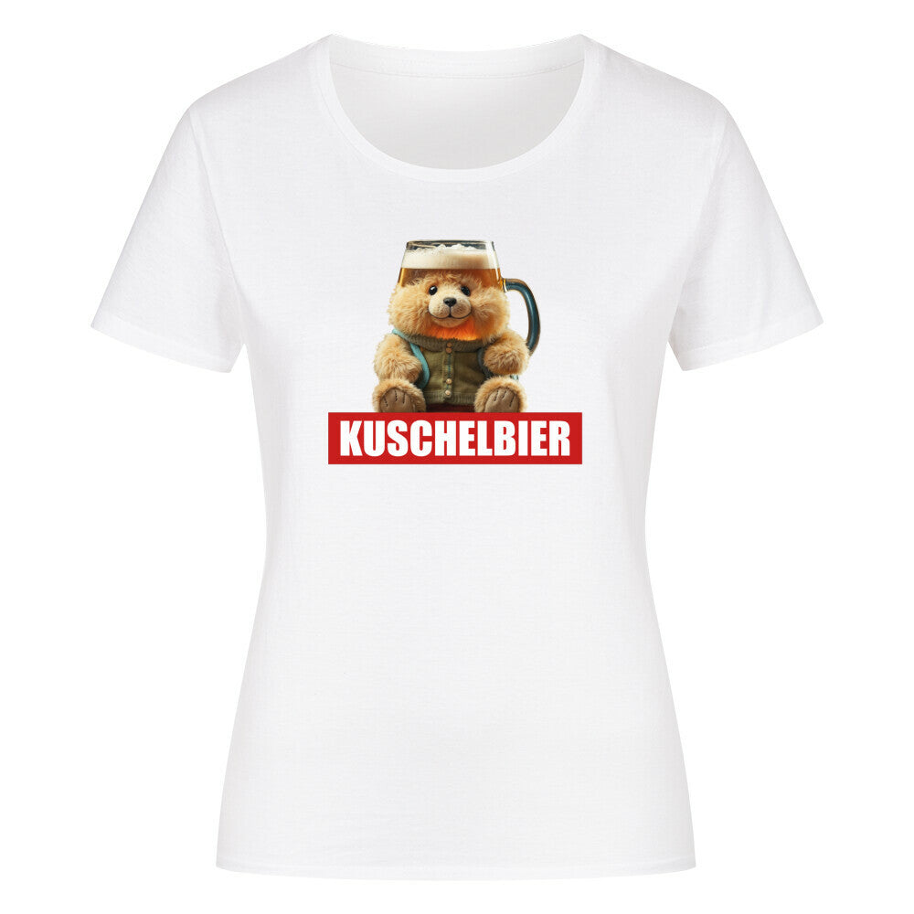 Weisses Damen T-Shirt mit lustigem Design eines Teddybaeren, der einen Bierkrug als Kopf hat, kombiniert mit dem Wort "Kuschelbier" in weisser Schrift auf rotem Balken. Ideal für Bierliebhaber und humorvolle Outfits.