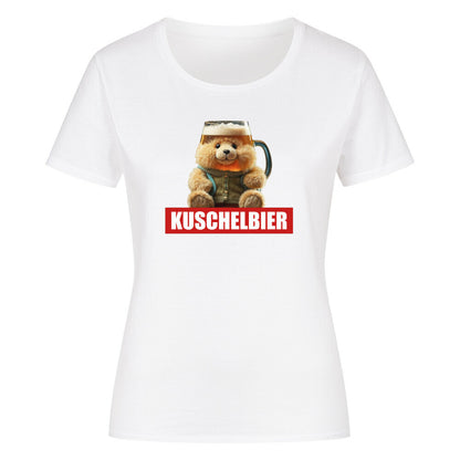Weisses Damen T-Shirt mit lustigem Design eines Teddybaeren, der einen Bierkrug als Kopf hat, kombiniert mit dem Wort "Kuschelbier" in weisser Schrift auf rotem Balken. Ideal für Bierliebhaber und humorvolle Outfits.