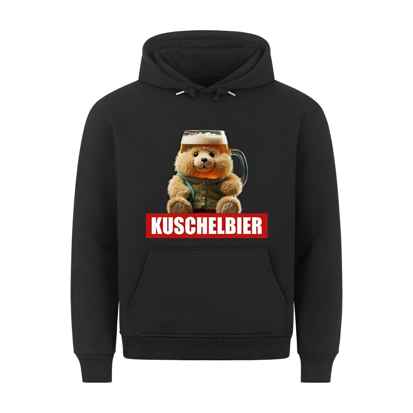 Schwarzer Unisex-Hoodie mit lustigem Design eines Teddybaeren, der einen Bierkrug als Kopf hat, kombiniert mit dem Wort "Kuschelbier" in weisser Schrift auf rotem Balken. Ideal für Bierliebhaber und humorvolle Outfits.
