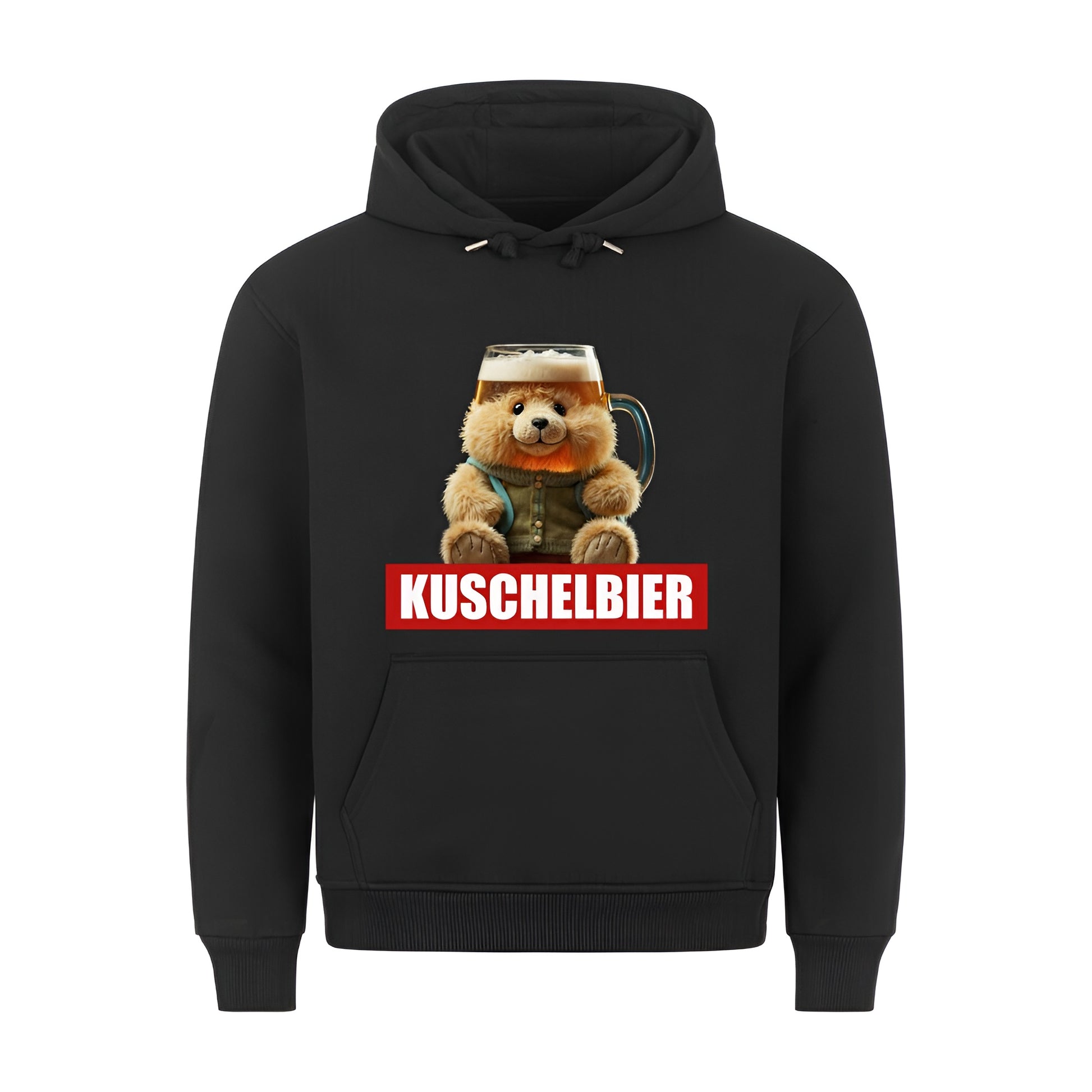 Schwarzer Unisex-Hoodie mit lustigem Design eines Teddybaeren, der einen Bierkrug als Kopf hat, kombiniert mit dem Wort "Kuschelbier" in weisser Schrift auf rotem Balken. Ideal für Bierliebhaber und humorvolle Outfits.