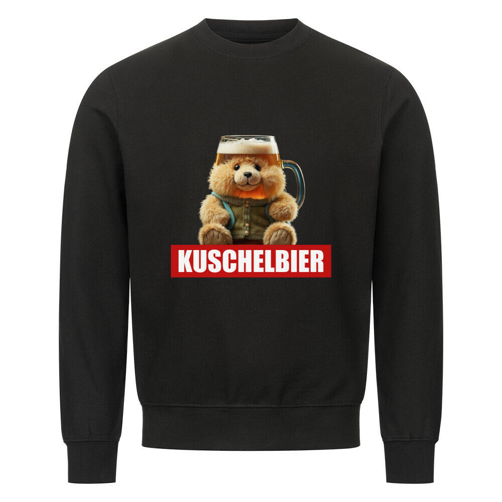 Schwarzer Unisex Sweater mit lustigem Design eines Teddybaeren, der einen Bierkrug als Kopf hat, kombiniert mit dem Wort "Kuschelbier" in weisser Schrift auf rotem Balken. Ideal für Bierliebhaber und humorvolle Outfits.