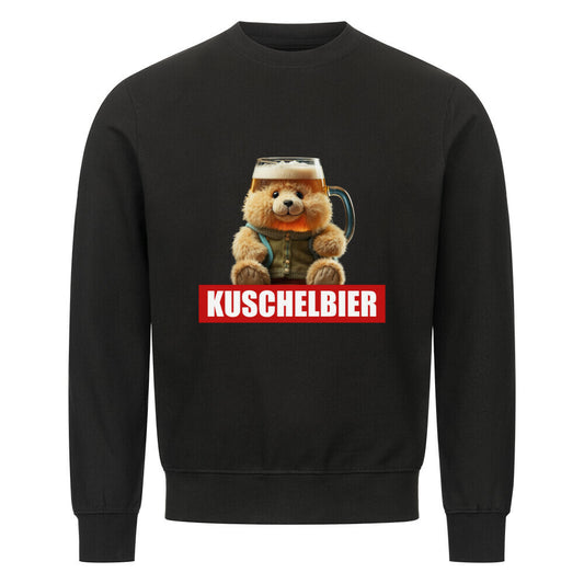 Schwarzer Unisex Sweater mit lustigem Design eines Teddybaeren, der einen Bierkrug als Kopf hat, kombiniert mit dem Wort "Kuschelbier" in weisser Schrift auf rotem Balken. Ideal für Bierliebhaber und humorvolle Outfits.