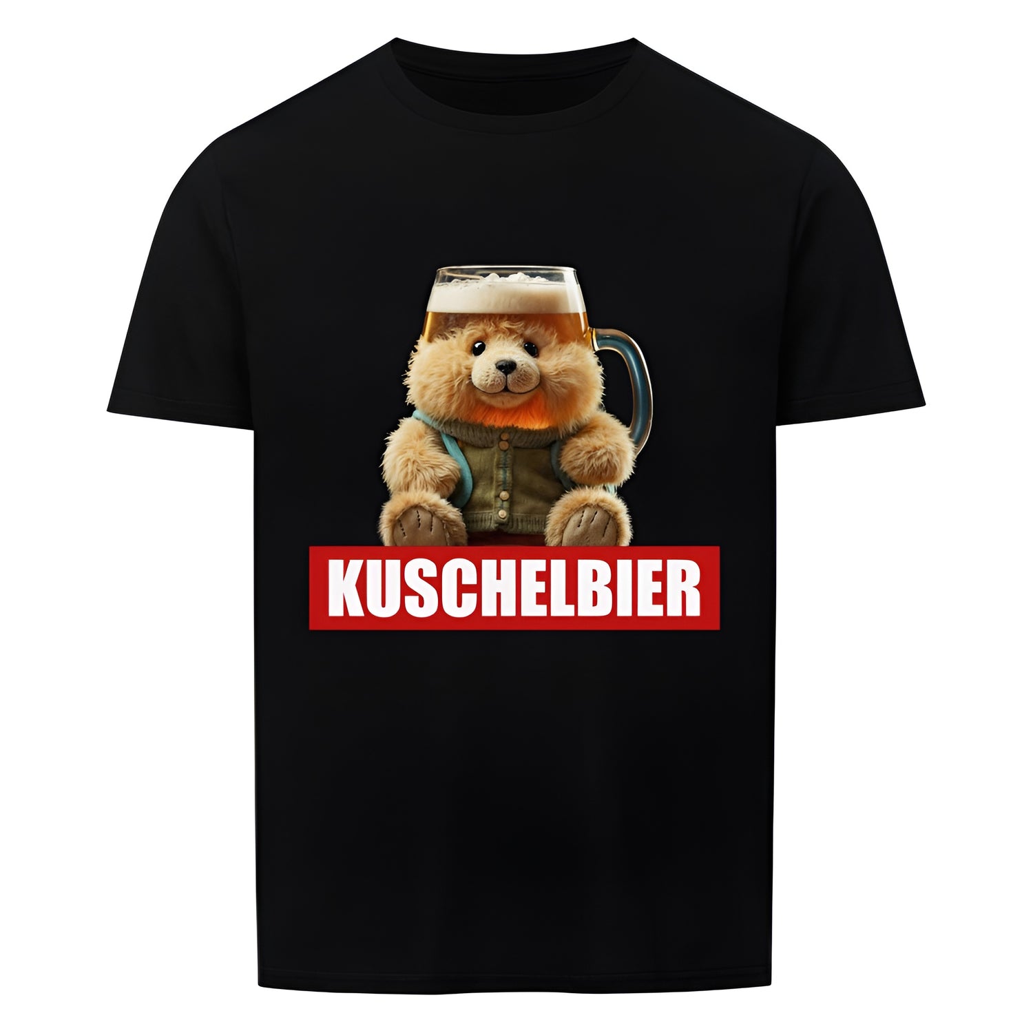 Schwarzes Unisex-T-Shirt mit lustigem Design eines Teddybaeren, der einen Bierkrug als Kopf hat, kombiniert mit dem Wort "Kuschelbier" in weisser Schrift auf rotem Balken. Ideal für Bierliebhaber und humorvolle Outfits.