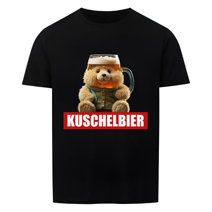 Schwarzes Unisex-T-Shirt mit lustigem Design eines Teddybaeren, der einen Bierkrug als Kopf hat, kombiniert mit dem Wort "Kuschelbier" in weisser Schrift auf rotem Balken. Ideal für Bierliebhaber und humorvolle Outfits.