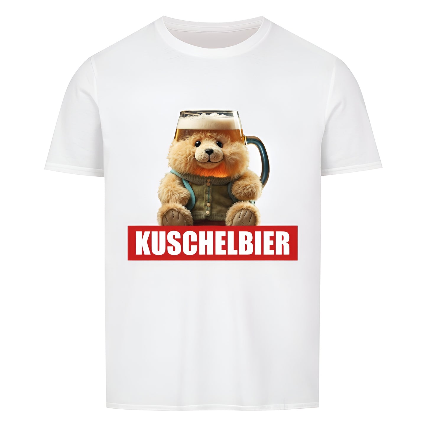 Weisses Unisex-T-Shirt mit lustigem Design eines Teddybaeren, der einen Bierkrug als Kopf hat, kombiniert mit dem Wort "Kuschelbier" in weisser Schrift auf rotem Balken. Ideal für Bierliebhaber und humorvolle Outfits.