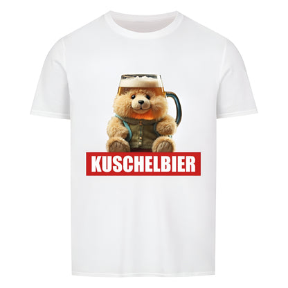 Weisses Unisex-T-Shirt mit lustigem Design eines Teddybaeren, der einen Bierkrug als Kopf hat, kombiniert mit dem Wort "Kuschelbier" in weisser Schrift auf rotem Balken. Ideal für Bierliebhaber und humorvolle Outfits.