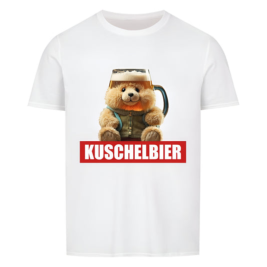 Weisses Unisex-T-Shirt mit lustigem Design eines Teddybaeren, der einen Bierkrug als Kopf hat, kombiniert mit dem Wort "Kuschelbier" in weisser Schrift auf rotem Balken. Ideal für Bierliebhaber und humorvolle Outfits.