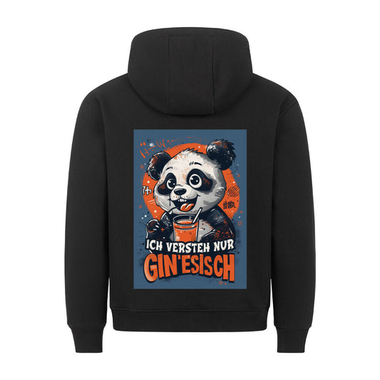 Schwarze Hoodie. Auf der Rueckseite ist ein farbiger Comic-Panda abgebildet, der durch einen Strohhalm ein Getraenk in einem Glas mit Eiswürfeln trinkt. Ueber dem Panda steht der Text "Ich versteh nur Gin'esisch" in weißer, geschwungener Schrift.