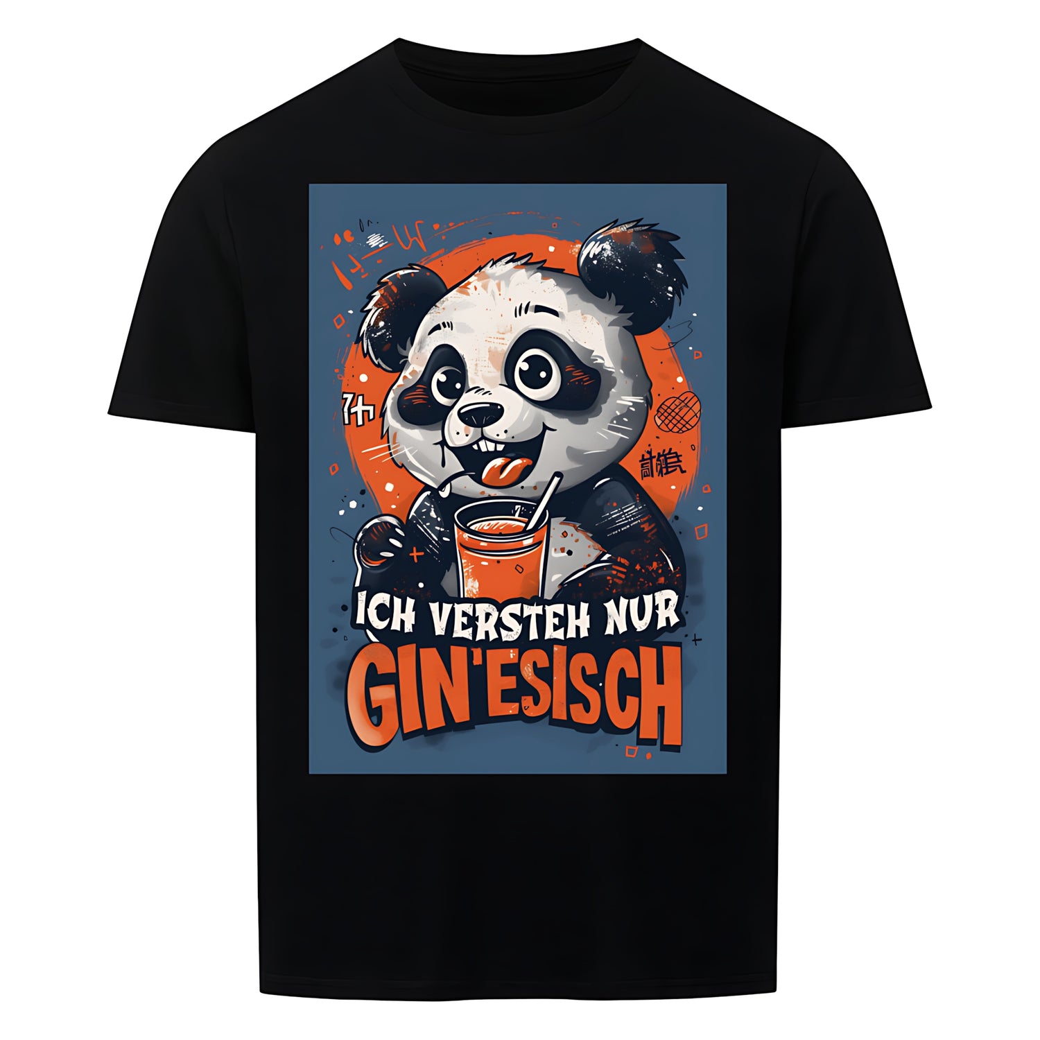 Schwarzes T-Shirt mit Rundhalsausschnitt. Auf der Vorderseite ist ein farbiger Comic-Panda abgebildet, der durch einen Strohhalm ein Getraenk in einem Glas mit Eiswürfeln trinkt. Ueber dem Panda steht der Text "Ich versteh nur Gin'esisch" in weißer, geschwungener Schrift.