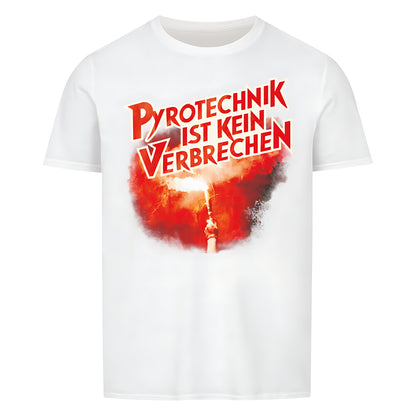 Weisses T-Shirt mit Rundhalsausschnitt. Auf der Vorderseite ist der Schriftzug "PYROTECHNIK IST KEIN VERBRECHEN" in roten Buchstaben aufgedruckt. Darunter befindet sich ein roter, flammenähnlicher Effekt, der den Eindruck von Feuerwerk erweckt.