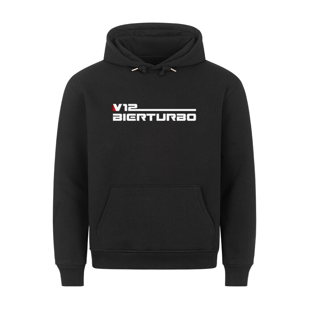 Schwarzer Hoodie. Auf der Vorderseite befindet sich der Schriftzug "V12 BIERTURBO" in einer Kombination aus weisser und roter Farbe. Der Schriftzug ist horizontal angeordnet und zentriert.