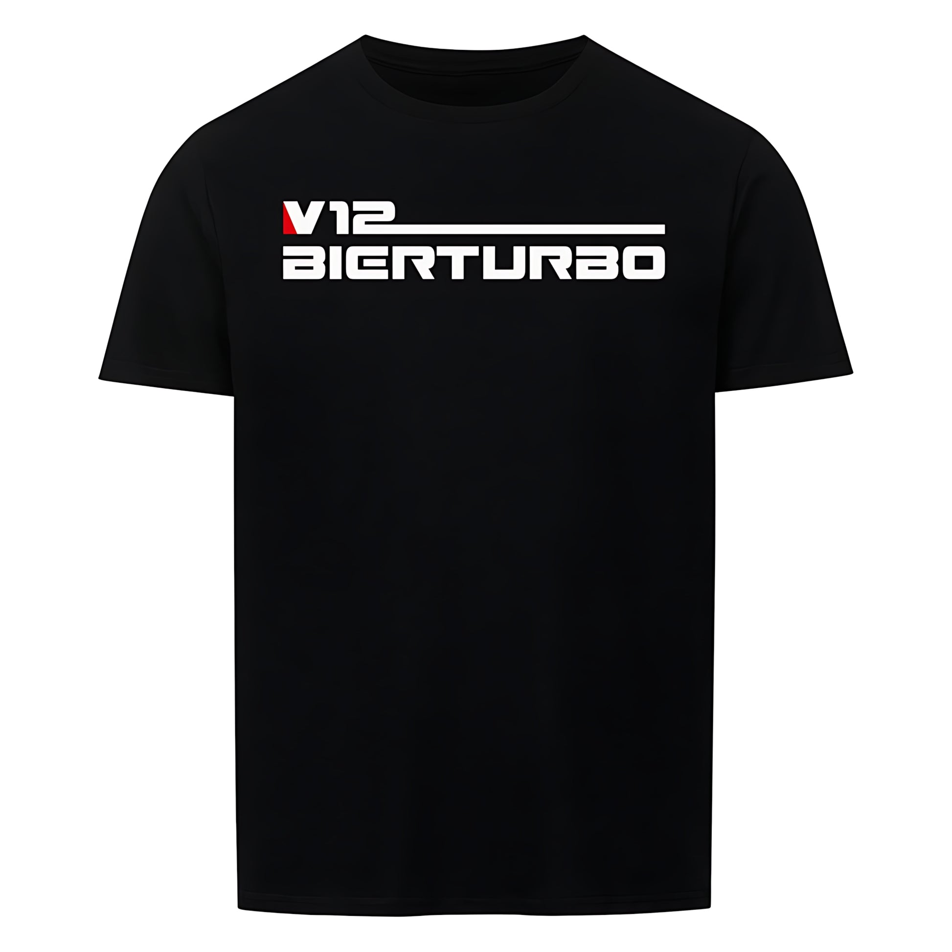 Schwarzes T-Shirt mit Rundhalsausschnitt. Auf der Vorderseite befindet sich der Schriftzug "V12 BIERTURBO" in einer Kombination aus weisser und roter Farbe. Der Schriftzug ist horizontal angeordnet und zentriert.