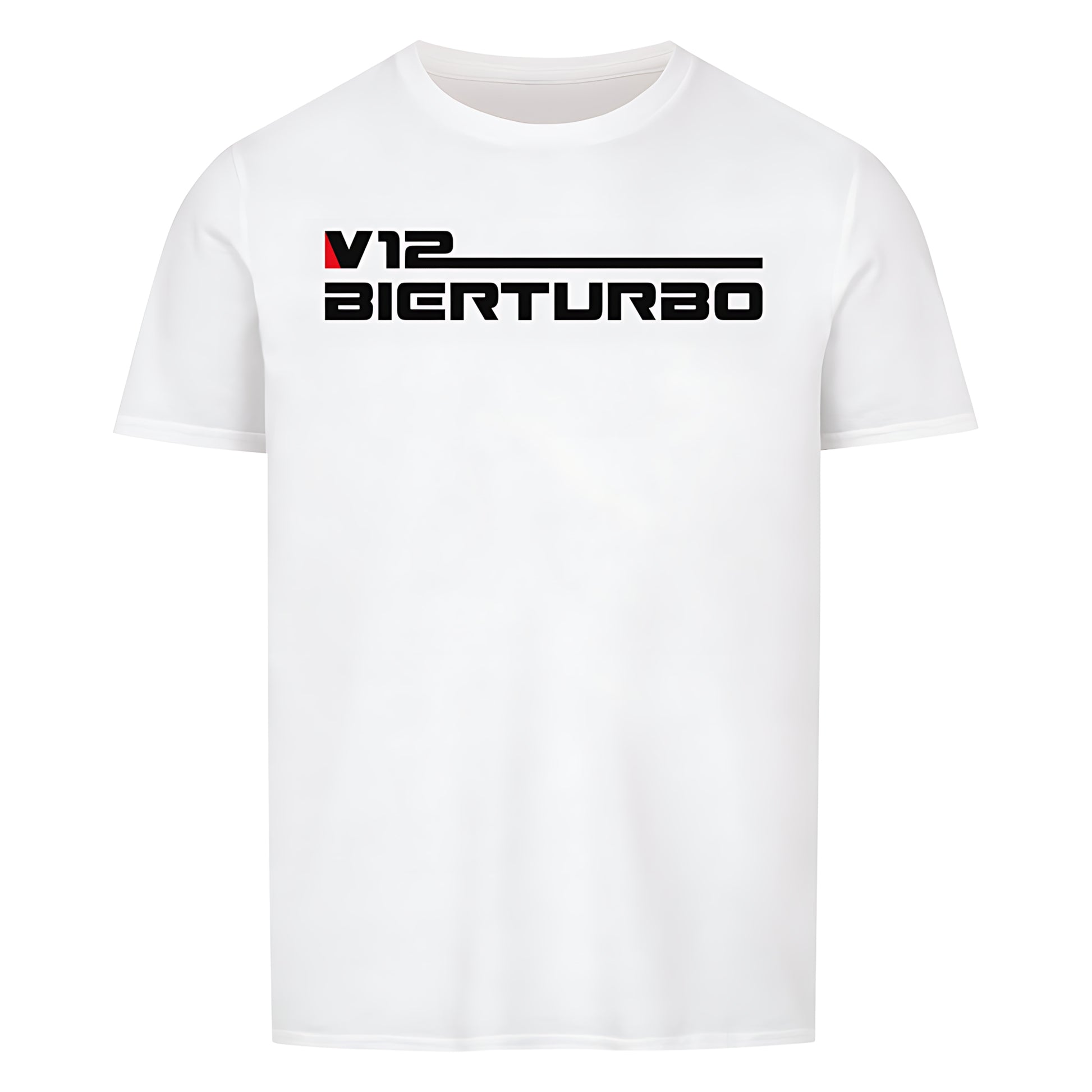 Weisses T-Shirt mit Rundhalsausschnitt. Auf der Vorderseite befindet sich der Schriftzug "V12 BIERTURBO" in einer Kombination aus schwarzer und roter Farbe. Der Schriftzug ist horizontal angeordnet und zentriert.