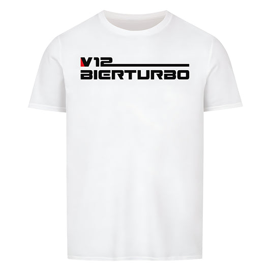 Weisses T-Shirt mit Rundhalsausschnitt. Auf der Vorderseite befindet sich der Schriftzug "V12 BIERTURBO" in einer Kombination aus schwarzer und roter Farbe. Der Schriftzug ist horizontal angeordnet und zentriert.